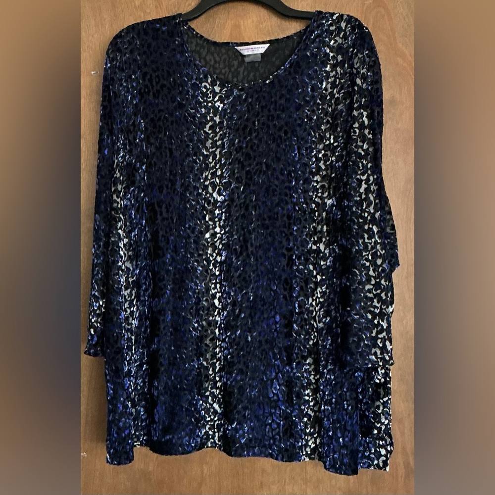 Allison Daley Women Blue Black Top Velvet Burnout Leopard Tunic Long Sleeve 3X